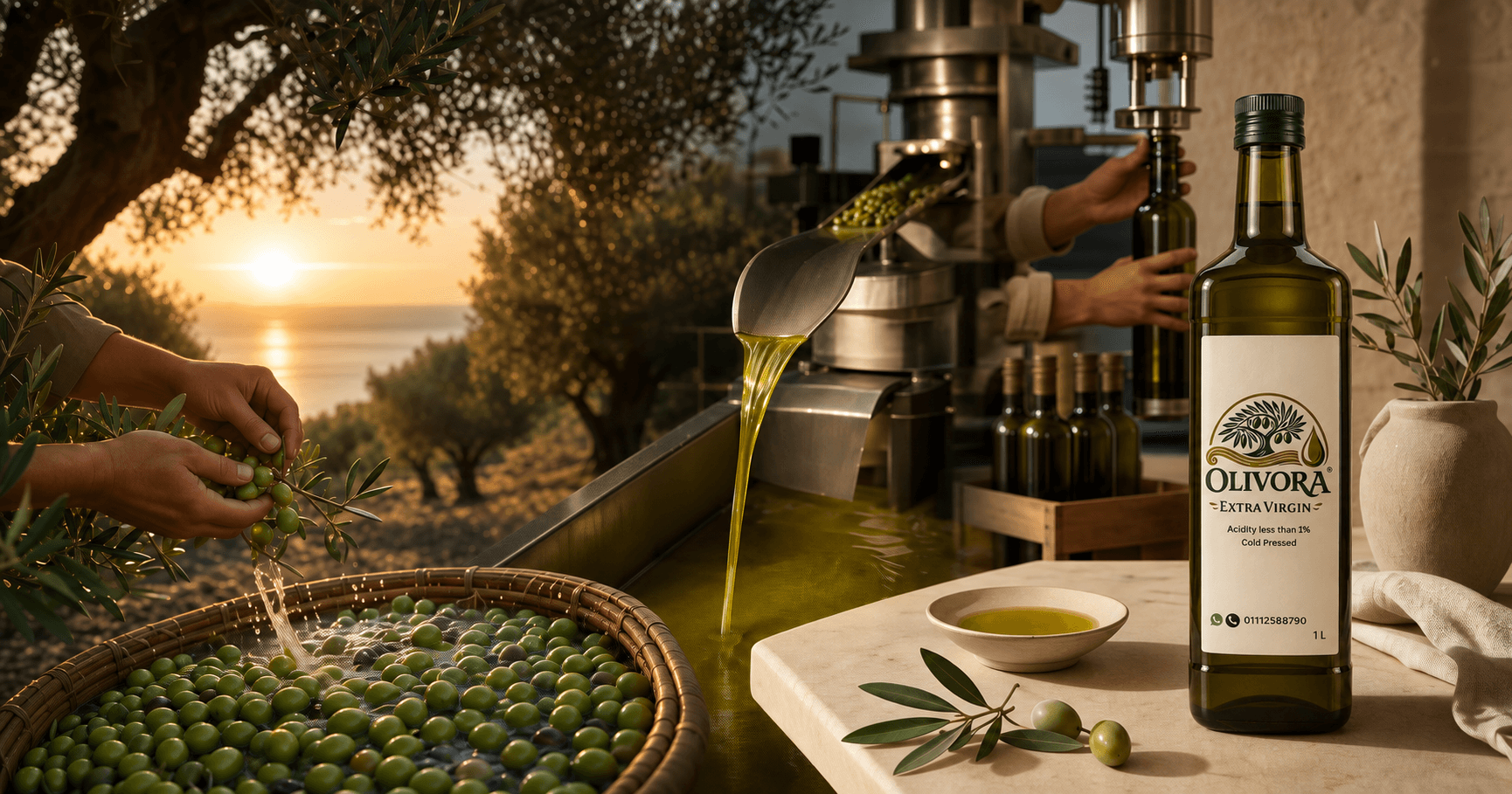 OLIVORA olive harvest, cold pressing and branded 1 L glass bottle
